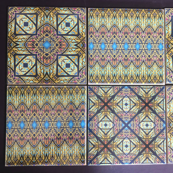 Cathedral Windows Mixed Tiles Set - Blue Purple Green Gold Tiles - Beautiful Bohemian Tiles