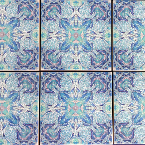 Blue turtle mandala tiles 6x6” squares with a smooth shiny surface, gorgeous aqua ultramarine & royal blue shades, hand printed by Meikie in her Studio. Perfect for a bathroom makeover as a full wall, border or individual tiles set into plain tiles.