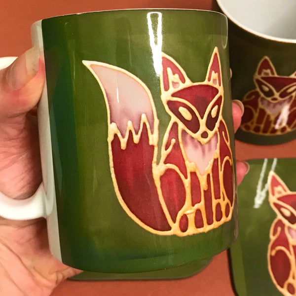 Cute Fox Mug & Coaster - Fox Mug Box Set - Green Red Fox Mug - Fox Lovers Mug Gift