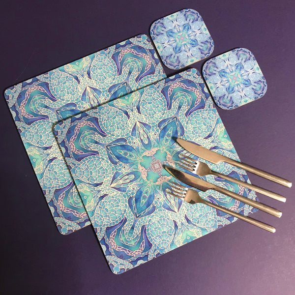 Blue Turtle Mandala Square Mats & Coasters - Sea Life Table Mats