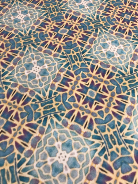 Soft Teal Green Turquoise Lilac Gold 'Gentle Stars' Designer 100% Cotton Satin fabric for curtains, upholstery and soft furnishings