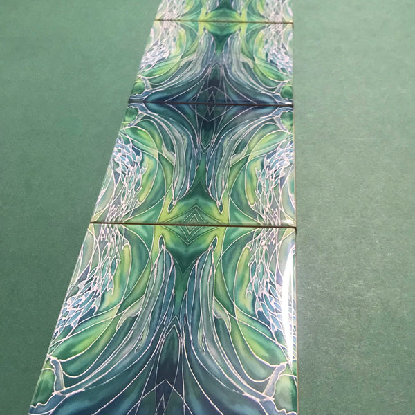 Sea Green Dolphin Twins Small 4.25” Square Tiles -  Green Ceramic Bathroom Kitchen Hand Printed Tiles