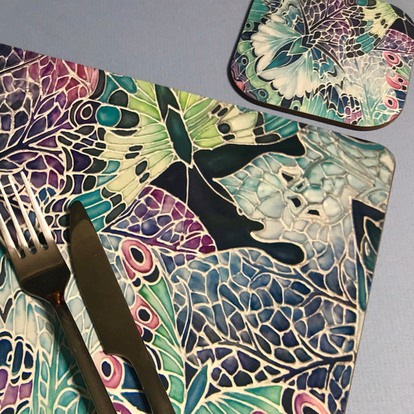 Butterfly on Leaves hard wearing Table Mats - Teal Pink Plum Charcoal Green Tableware
