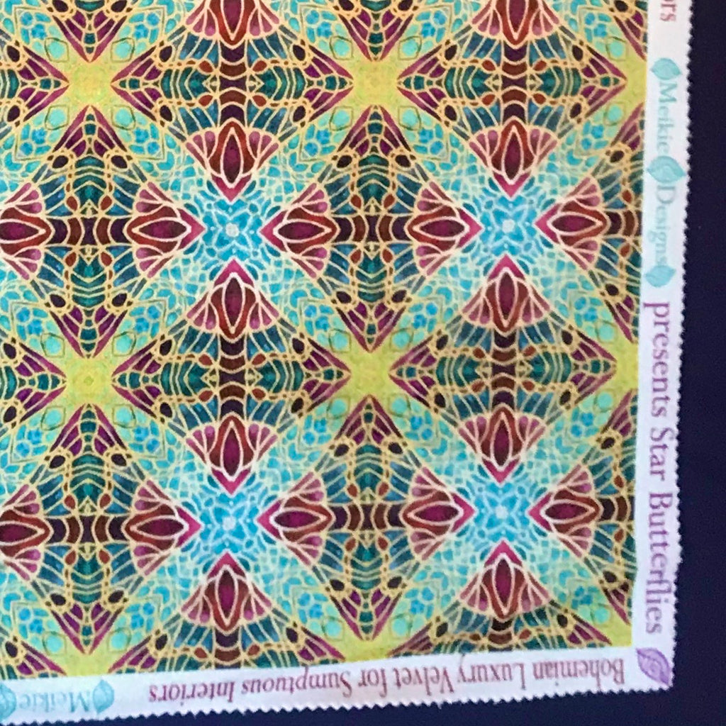 Soft Teal Green Turquoise Lilac Gold 'Gentle Stars' Designer 100% Cotton Satin fabric for curtains, upholstery and soft furnishings