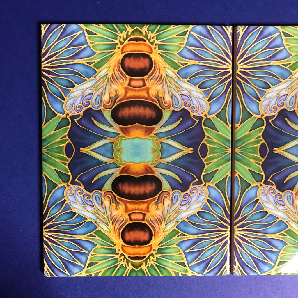 Blue green square 6x8” bee tiles. Honey bee bathroom tiles. Bumble bee kitchen tiles. bathroom remodel. kitchen makeover. Hand printed by Meikie