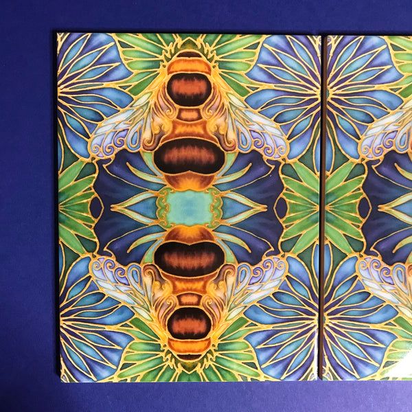 Blue green square 6x8” bee tiles. Honey bee bathroom tiles. Bumble bee kitchen tiles. bathroom remodel. kitchen makeover. Hand printed by Meikie