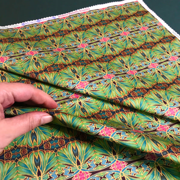 Teal Green Red Lime Gold 'Butterfly Roundels' Designer 100% Cotton Satin fabric for curtains, upholstery and soft furnishings