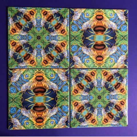 Blue green square 6x6”  mixed design bee tiles. Honey bee bathroom tiles. Bumble bee kitchen tiles. bathroom remodel. kitchen makeover. Hand printed by Meikie