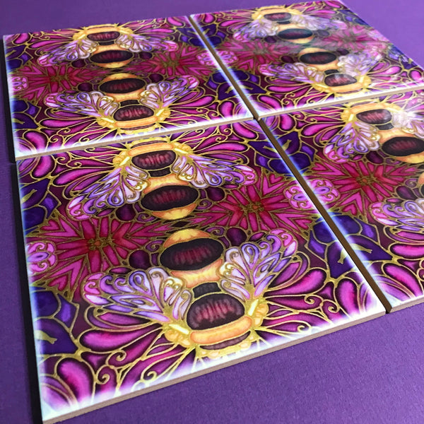 Plum gold square 6x6” bee tiles. Honey bee bathroom tiles. Bumble bee kitchen tiles. bathroom remodel. kitchen makeover. Hand printed by Meikie