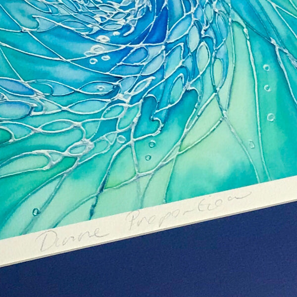 Beautiful sea green, aqua, teal, blue limited edition print of swirling shoals. Interior design. Wall art. 60x90cm art print for living room, bathroom, bedroom,  therapy room, yoga studio tranquil art creating a calm atmosphere.