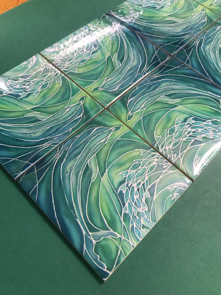 Sea Green Dolphins Small 4.25” Square Tiles -  Green Ceramic Bathroom Kitchen Hand Printed Tiles