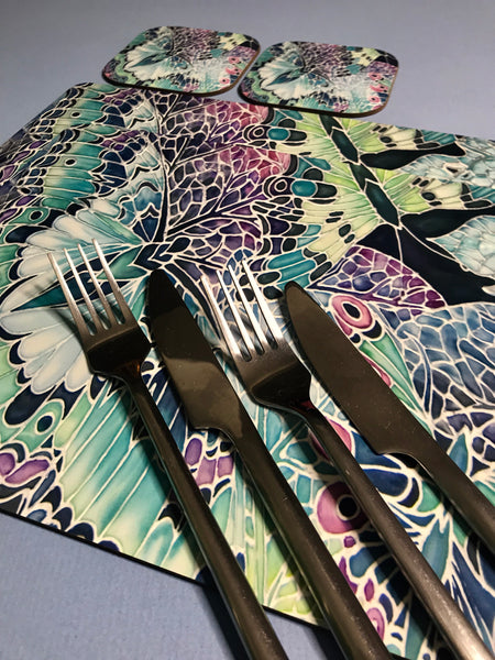 Butterfly on Leaves hard wearing Table Mats - Teal Pink Plum Charcoal Green Tableware