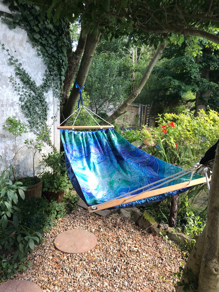 Gorgeous Blue Green Reversible Hammock - featuring Blue Shoal on one side and Dragonflies on the reverse.