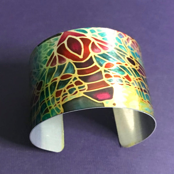 Teal Green and Beaujolais Butterfly Moth Cuff Bracelet - Comtemporary Green Bangle - easy wear lightweight aluminium.