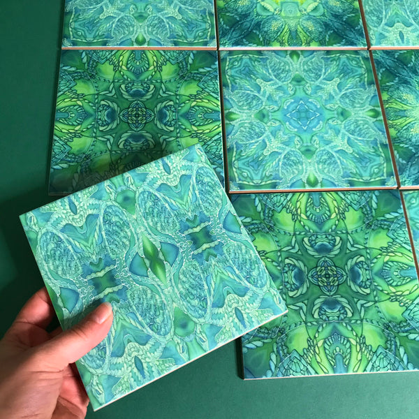 Green Turtle Kaleidoscope Mixed Tiles Set - Teal Mint Lime Tiles - Beautiful Tile - Bohemian Tiles