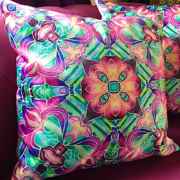 Pink Iris Velvet Cushions - Purple Irises Throw Pillow - Luxury Flower Accent Decor