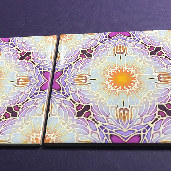 Pretty Stylised Daisy Tiles - Creamy White and Plum Bohemian Ceramic Printed Tiles