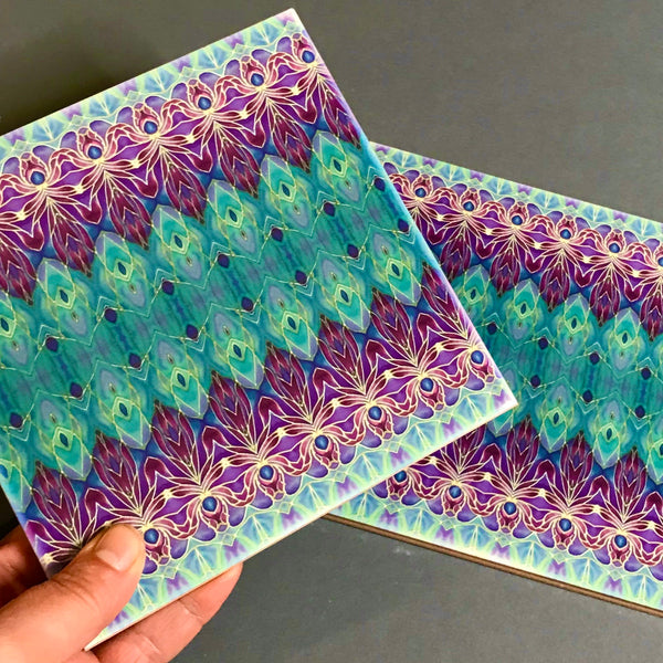Turquoise Blue and Purple Persian  Style Bathroom Tiles - Bohemian Kitchen Tiles - Orchid Repeat Decorative Tiles