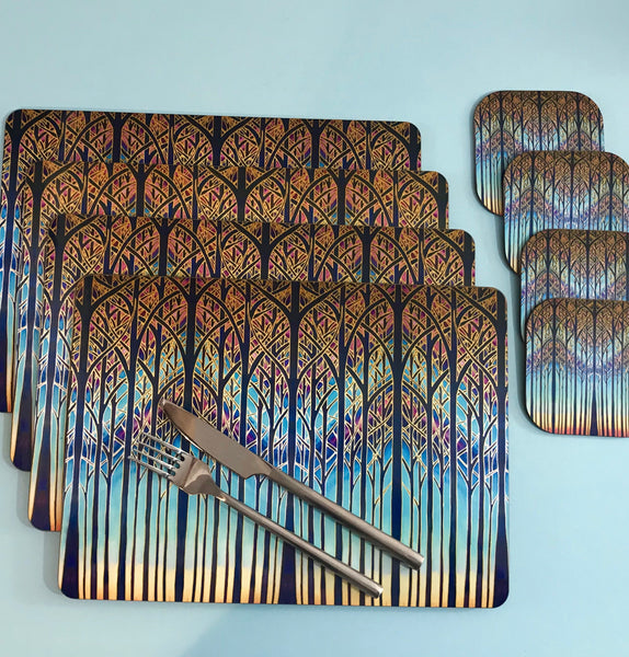 Table mats, Cathedral Trees Coloyrful sunset high quality placemats, coasters, dishwasher and microwave safe mugs in regular and xl sizes, glass chopping boards, counter saver, platters, mouse mats, square table mats, rectangular table mats, round table mats. Set the table. Come to dinner. Home dining.