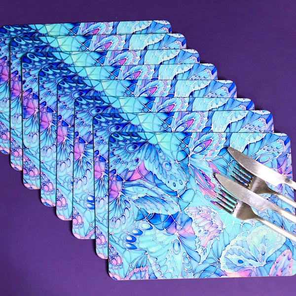Table Mats Blue Butterflies - blue green turquoise placemats -  butterfly coasters tableware - glass chopping boards / counter savers, serving trays, mugs and mouse mats