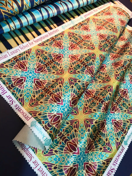 Soft Teal Green Turquoise Lilac Gold 'Gentle Stars' Designer 100% Cotton Satin fabric for curtains, upholstery and soft furnishings