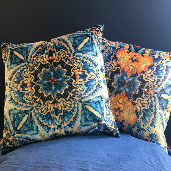 Contemporary Grey Blue Orange Velvet Cushions - Dramatic Moth Kaleidoscope Design Luxury Velvet Cushions