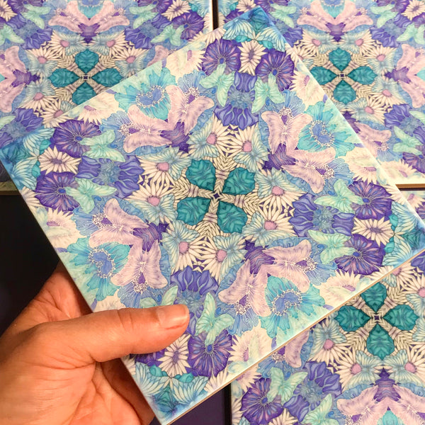 Pretty Stylised Flower Tiles - Lilac Turquoise Bohemian Ceramic Printed Tiles