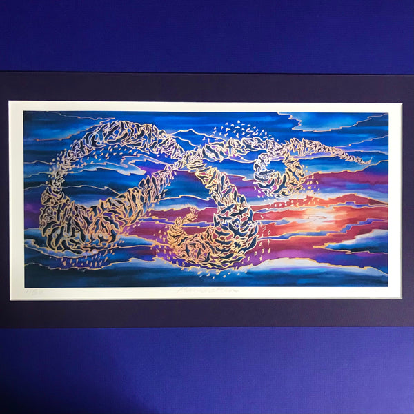 Flying Birds Murmuration Signed Print - Blue Purple Red Gold Print Art