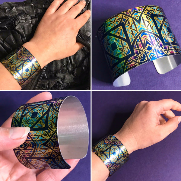 Cathedral Rose Window Bracelet in rich stained glass sunset colours- easy wear lightweight aluminium.