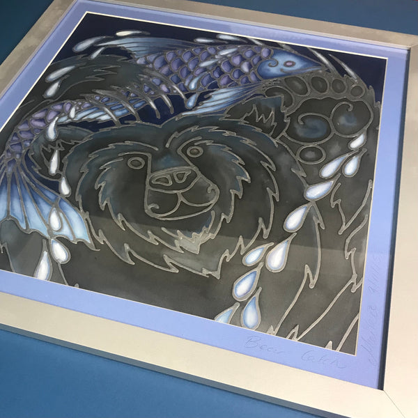 Happy Bear Silk Painting - Bear with Fish Original Art - Black Bear Painting