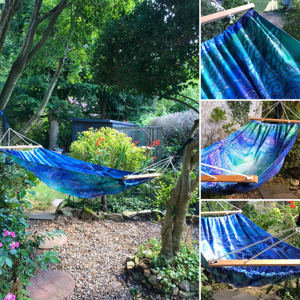 Gorgeous Blue Green Reversible Hammock - featuring Blue Shoal on one side and Dragonflies on the reverse.
