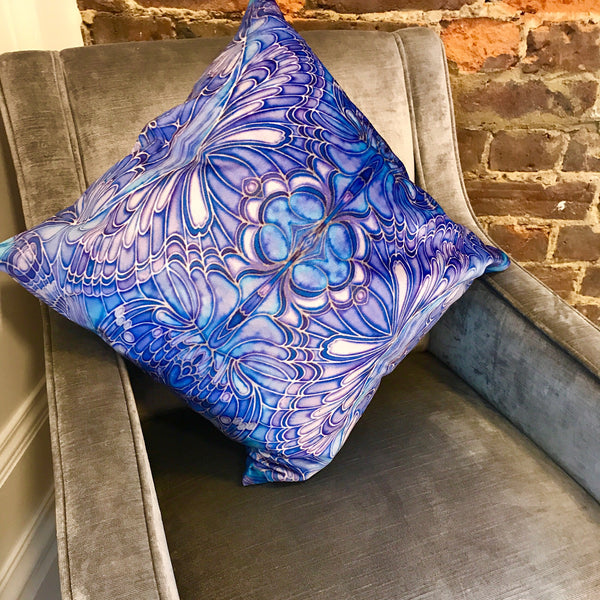 Blue Butterfly Velvet Cushion - Luxury Saphire Blue Velvet - Intricate pattern butterfly pillow