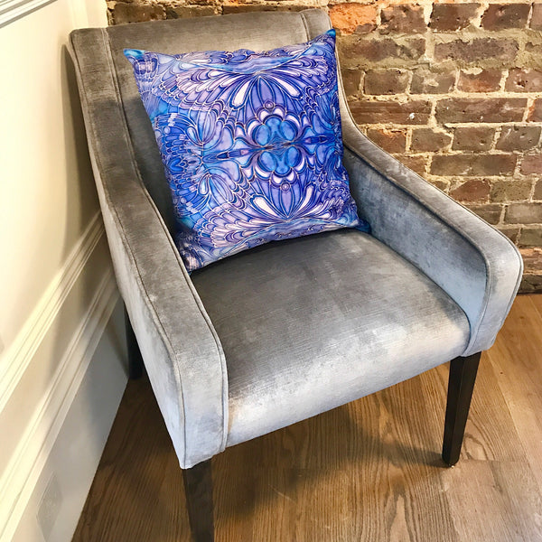 Blue Butterfly Velvet Cushion - Luxury Saphire Blue Velvet - Intricate pattern butterfly pillow