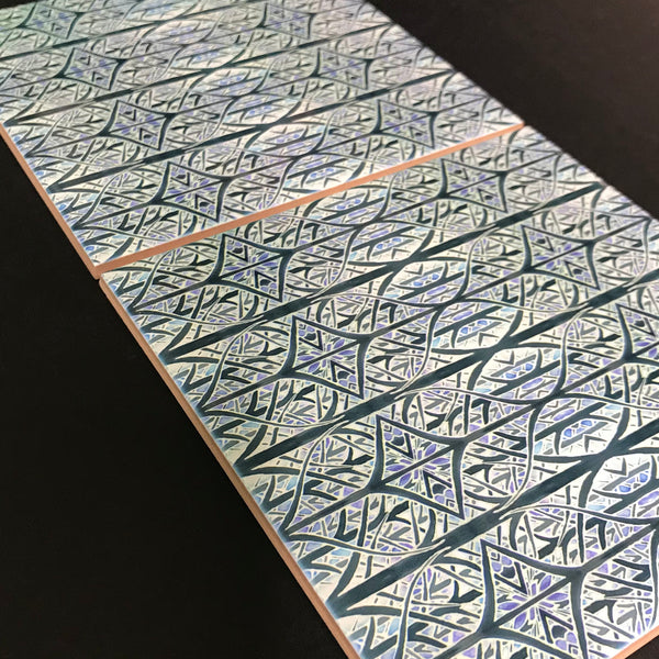 Contemporary Charcoal and Pale Blue Woven Trees Ceramic Tiles -  Ceramic Hand Printed Tiles