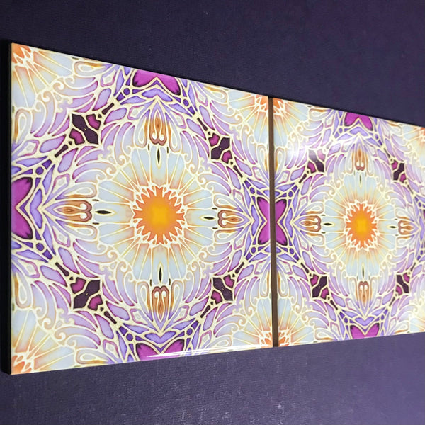 Pretty Stylised Daisy Tiles - Creamy White and Plum Bohemian Ceramic Printed Tiles
