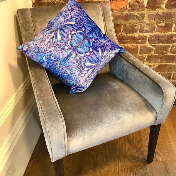 Blue Butterfly Velvet Cushion - Luxury Saphire Blue Velvet - Intricate pattern butterfly pillow