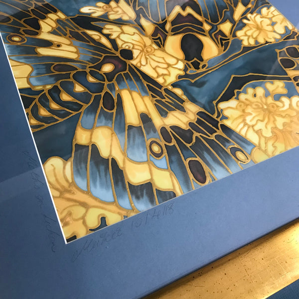 Moth on Lichen Painting - contemporary hand painted silk Butterflies - Blue Yellow Butterfly Original Art