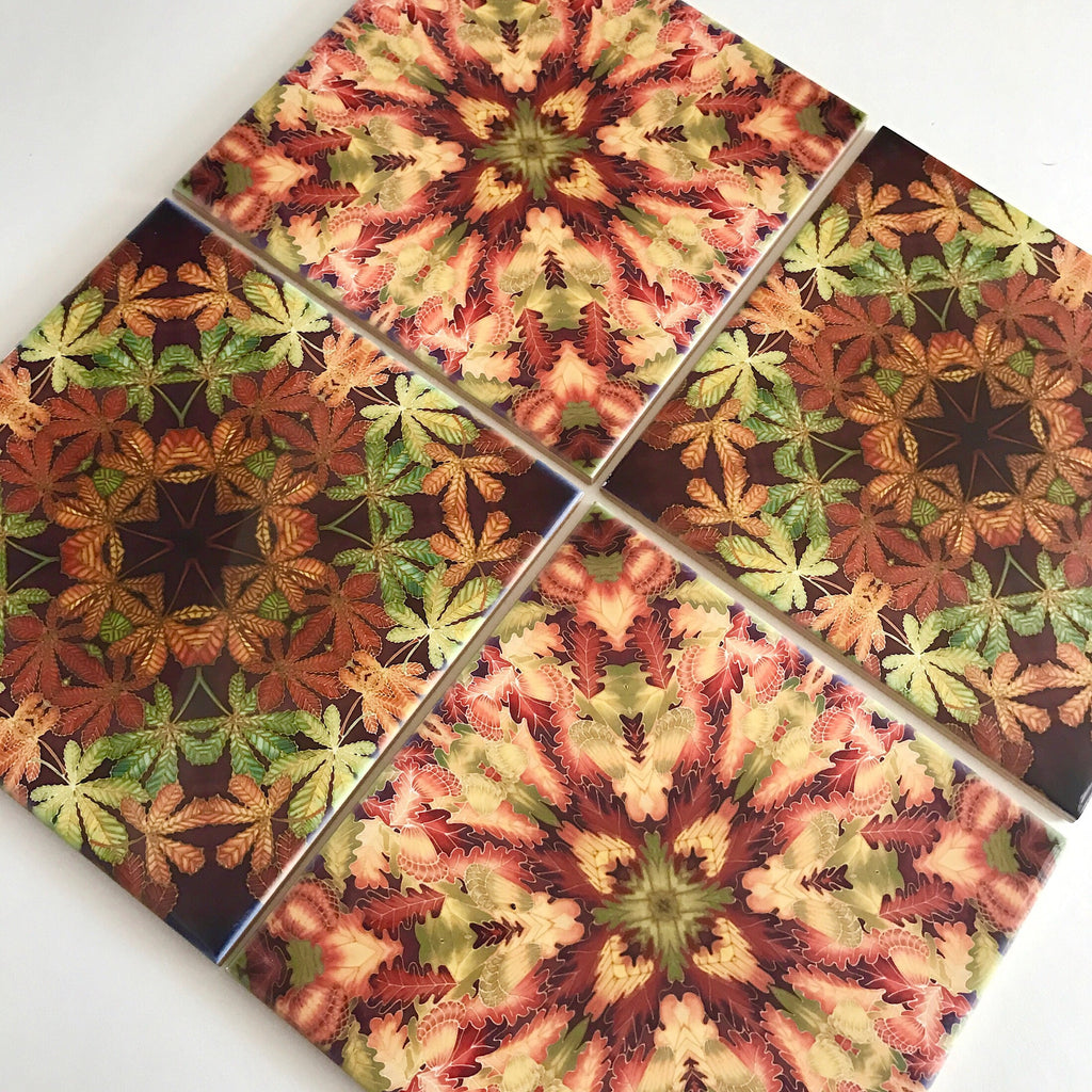 Mixed Leaves Ceramic Tile set - Meikie Kaleidascope Tiles - Contemporary Printed Tiles - Bohemian Tiles
