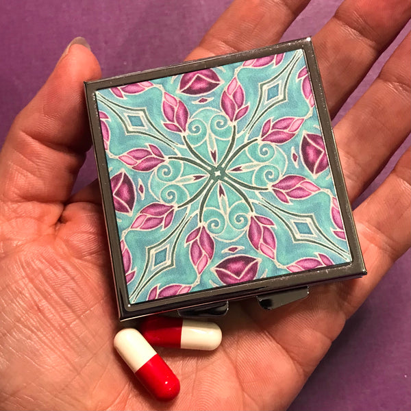 Pretty Pink & Sky Blue Magnolias Large Pill Box - Stud Earing Jewellery Box