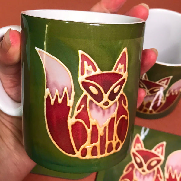 Cute Fox Mug & Coaster - Fox Mug Box Set - Green Red Fox Mug - Fox Lovers Mug Gift