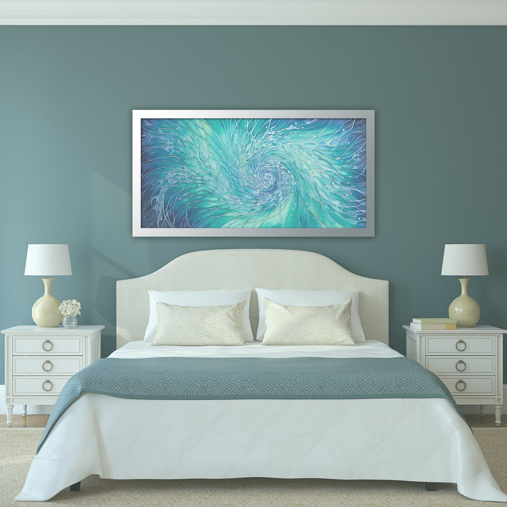 Swirling Sea Original Hand Painted Silk - Intertwined Shoal aqua blue green silk painting