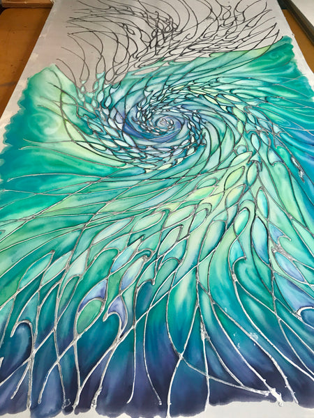 SOLD Intertwined Ocean  Shoals Painting - hand painted silk swirling fish - Sea life Original Art