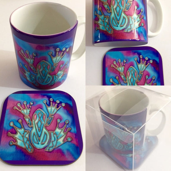 Frog Mug Set - Pondlife Mug Gift - Green Purple and Blue Seahorse