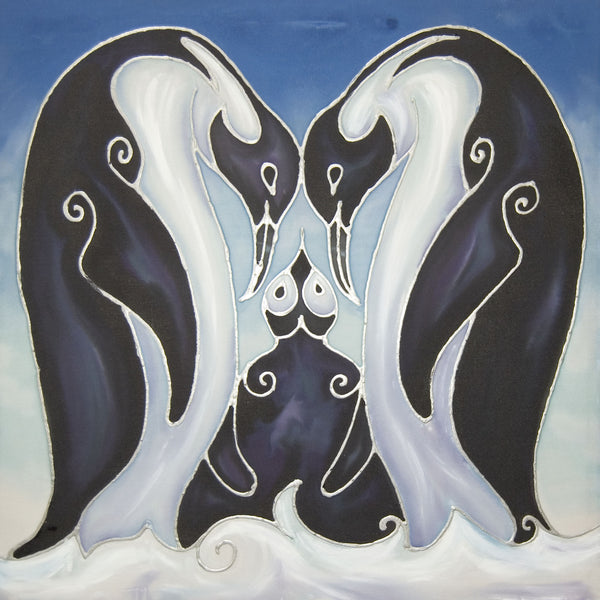 Loving Penguin Family Signed Print - Penguins with Baby - Blue Penguin Bathroom Art