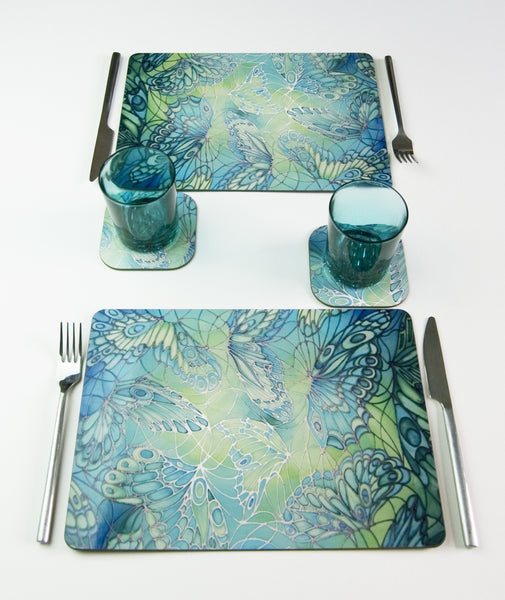 Green Tableware - Lime Green Placemats - Green Coasters - Green Glass Chopping boards - Green Glass Counter Savers - Green Glass Serving Platters - Butterfly Wings  - Green melamine serving tray - Green table mats - Durable hardwearing table mats - Meikie designs Sea Green Table Mats, Place Settings, Coasters, Mugs, Chopping Boards, Trivets, Round Table Mats, Mouse Mats. Emerald Aqua Teal Lime Turquoise. Round Table Mats. rectangular place mats.