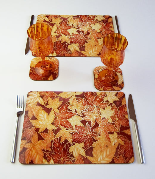 Terracotta Leaves Placemats & Coasters - Caramel Table Mats  - Heatproof glass chopping boards