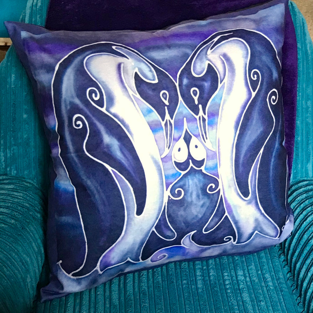 Deep Purple Penguin Velvet Cushion. Fun Penguin Family Purple Velvet Cushions. Great Animal Cushion Gift for Animal or Wildlife Lover