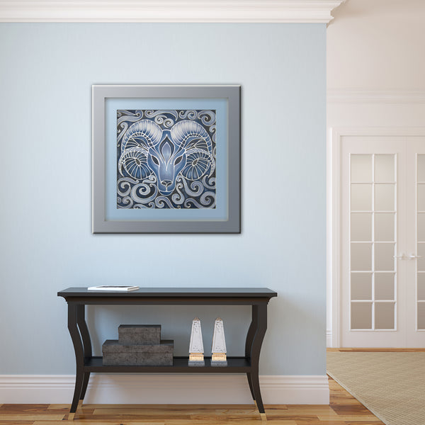 Blue Ram Original Silk Painting - hand painted silk Ram - contemporary blues and greys