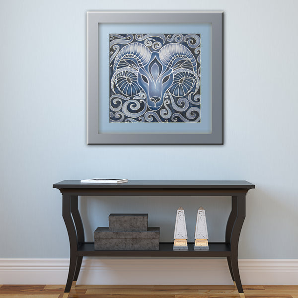 Blue Ram Original Silk Painting - hand painted silk Ram - contemporary blues and greys