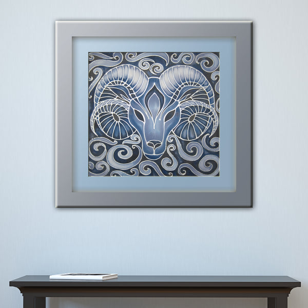 Blue Ram Original Silk Painting - hand painted silk Ram - contemporary blues and greys